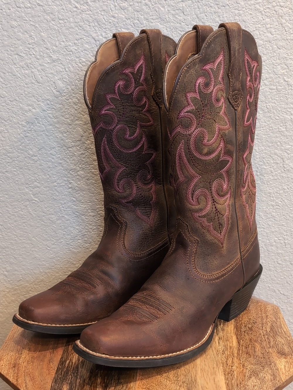 Ariat Brown Leather Western Cowgirl Boots with Pink Embroidery